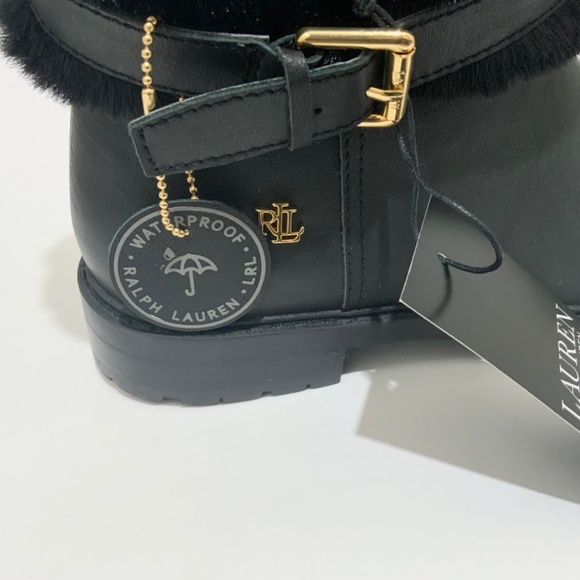 Ralph Lauren Evanston Waterproof Black Leather Winter Warm Fur Moto Boots 7 - Picture 9 of 13